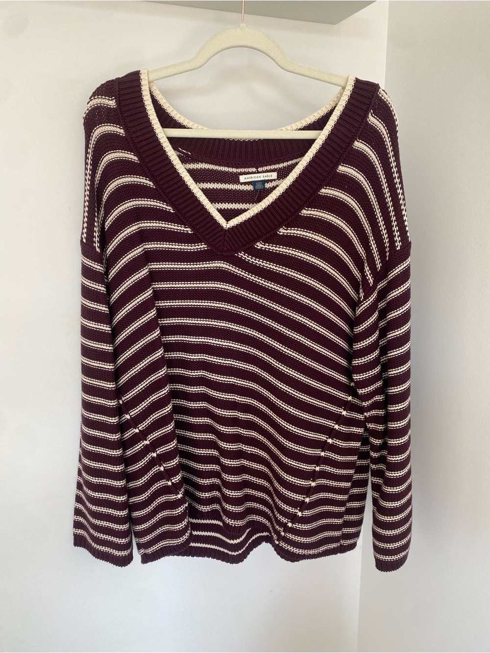 American Eagle Outfitters Burgundy and Cream Striped V-Neck Sweater